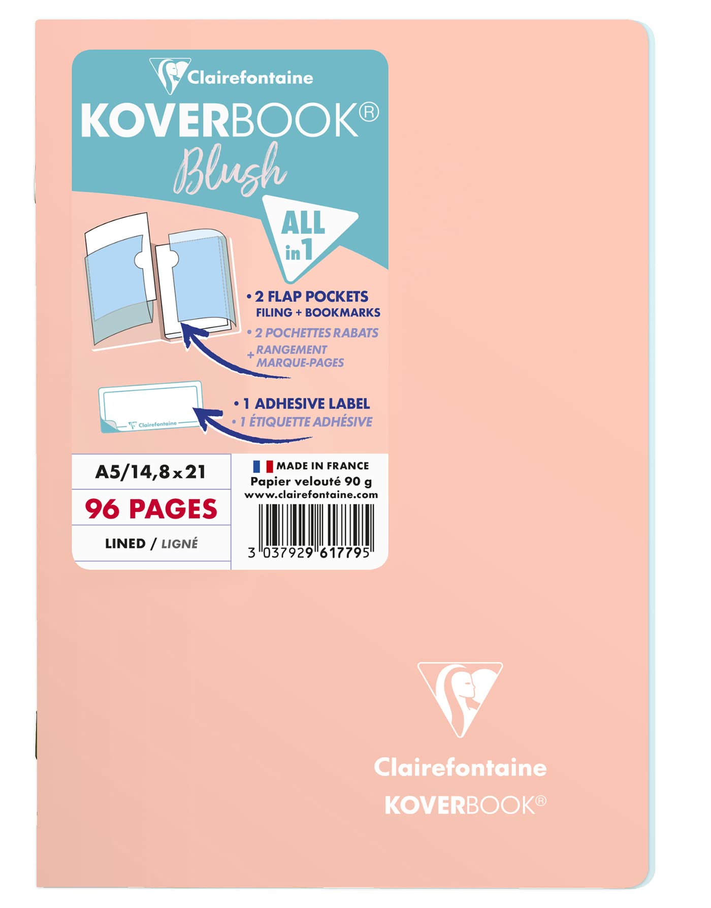 Clairefontaine 961779C Un quaderno a punto metallico Koverbook Blush Corallo - A5 14,​8x21 cm - 96 pagine a righe - Carta Bianca 90g - copertina in polipropilene