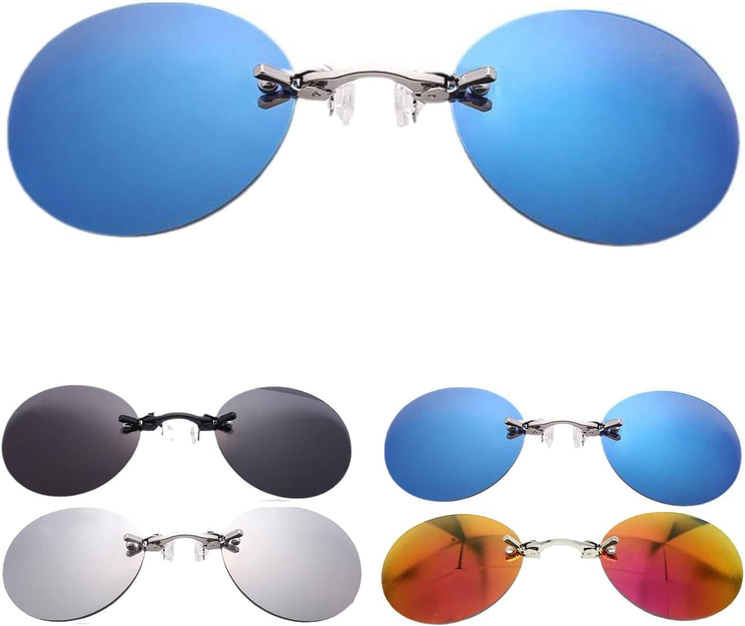 Retro Round Clip on Nose Glasses Movie Rimless Sunglasses Men, Gift for Boyfirend(Blue)