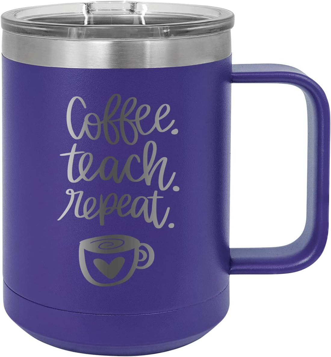 CustomGiftsNow Coffee. Teach. Repeat. - Teacher - Stainless Steel Double-Wall Insulated 15-Ounce Truck Car Travel Coffee Cup Tumbler Mug with Handle, Sliding Lid