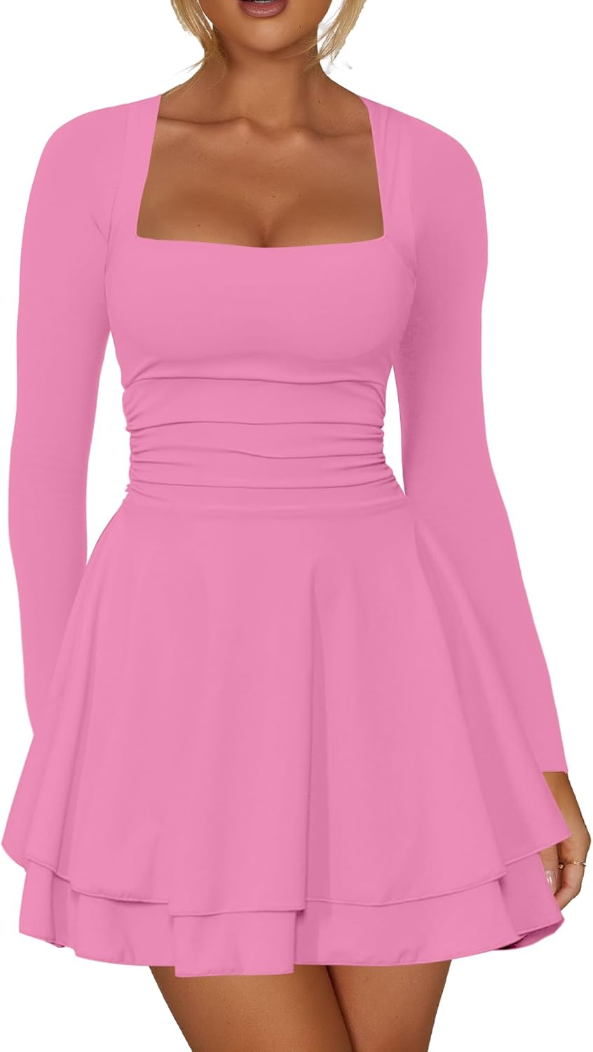 Kaximil Women's Square Neck Ruffle Hem Mini Dress Ruched Waist Long Sleeve Corset Short Party Dresses