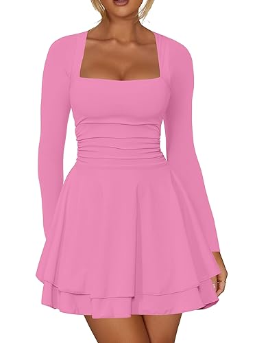 Kaximil Women's Square Neck Ruffle Hem Mini Dress Ruched Waist Long Sleeve Corset Short Party Dresses - X-Large - Pink