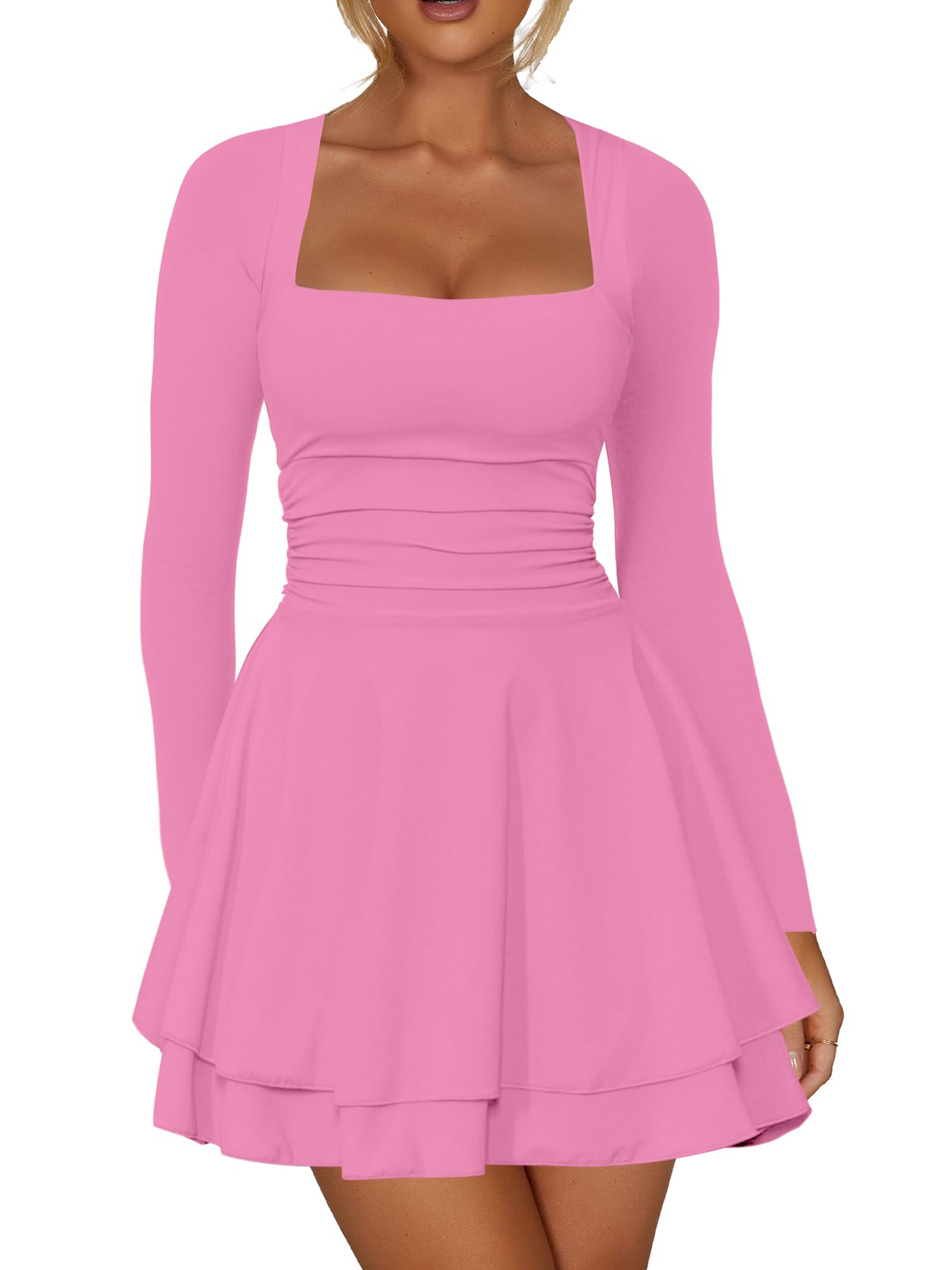Kaximil Women's Corset Long Sleeve Party Mini Dress | Square Neck Ruffle Hem Ruched Waist Going Out Birthday Short Dresses
