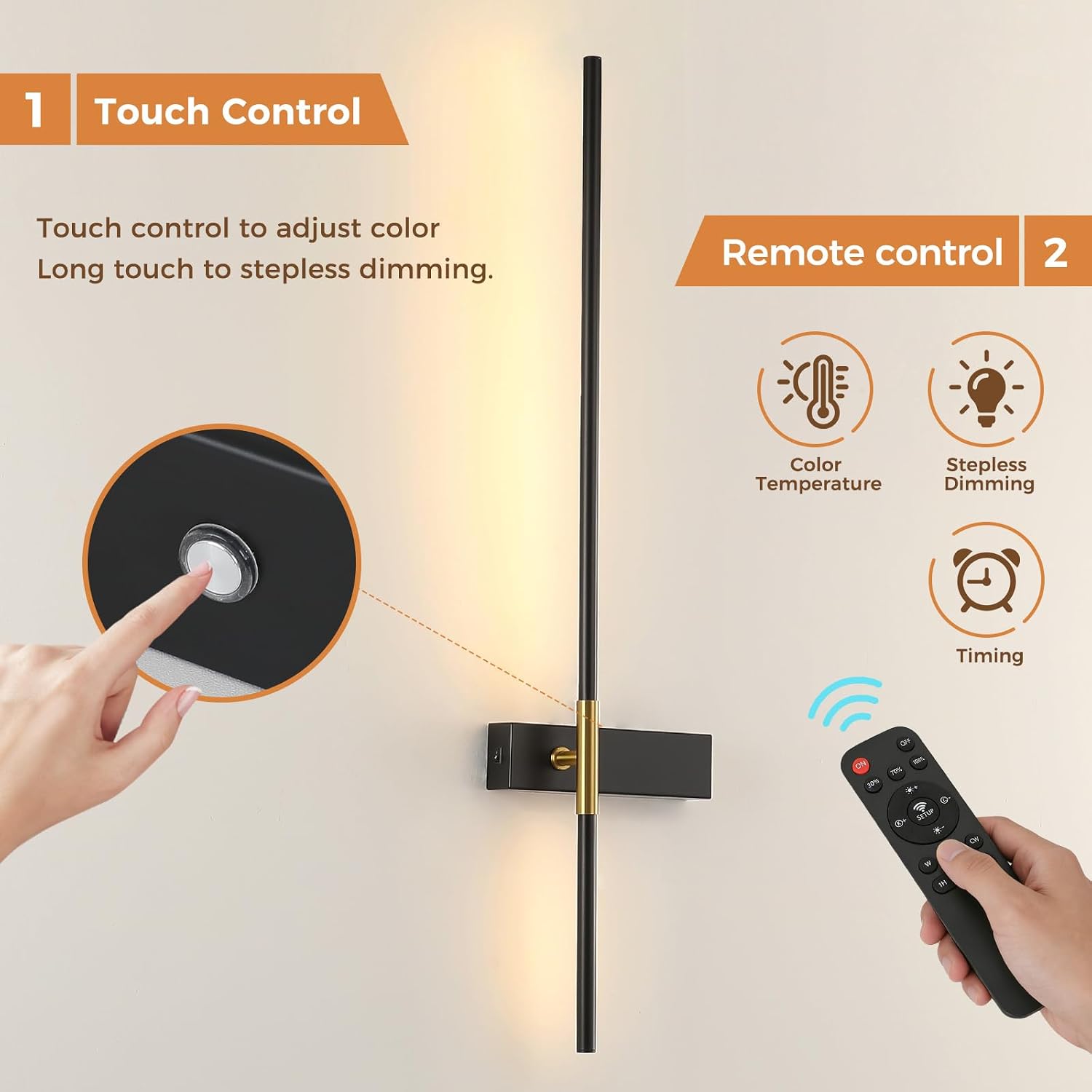 33 Inch Battery Operated Wall Sconce Set of 2, Black and Gold Rechargeable Wall Lights with Remote, 350° Rotatable LED Wireless Sconce, 3CCT Dimmable Wall Lamp with Swappable Battery