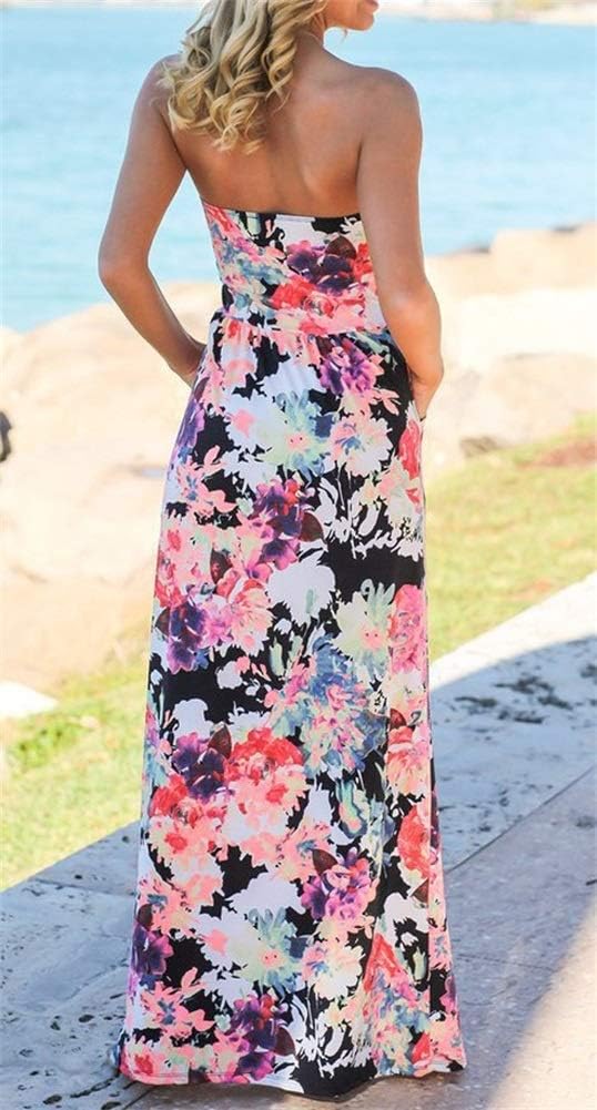 PRIMODA Womens Strapless Tube Top Maxi Dress Floral Boho Beach Dress with Pockets