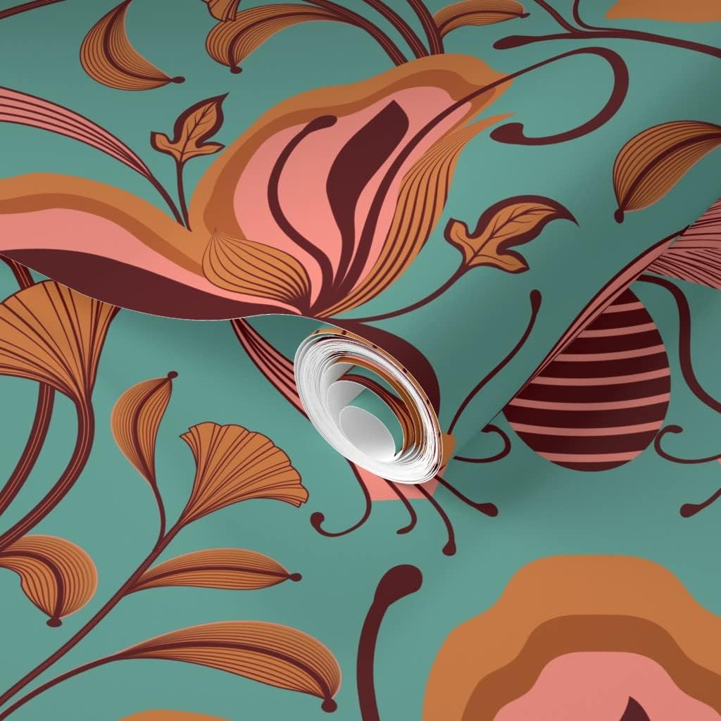 Removable Wallpaper 6ft x 2ft - Bees Dragonfly Floral Art Nouveau Dragonflies Flowers Birds Coral Aqua Bright Entomology Custom Pre-Pasted Wallpaper by Spoonflower