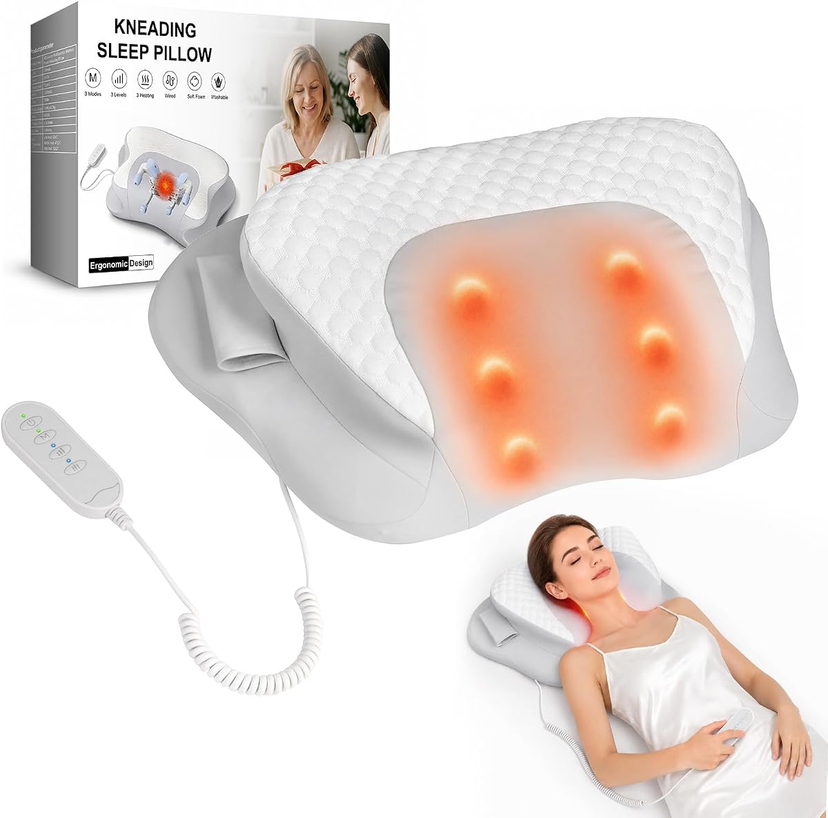 MEKZU Almohada masajeadora de cuello con calor, masajeador de cuello y hombros 4D | Soporte de espuma viscoelástica, modos de masaje ajustables, controlador con cable para relajación de cuello, hombros y espalda en la oficina en casa