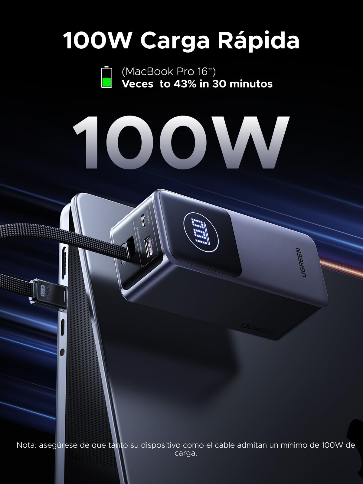UGREEN Nexode Pro 130W Power Bank 20000mAh Batería Externa Carga Rápida | 3 EN 1, Cable USB C Integrado PD 100W, 2 Puertos 1C1A, Cargador Portátil PC, Compatible con iPhone 17 16 Galaxy S26 S25 iPad