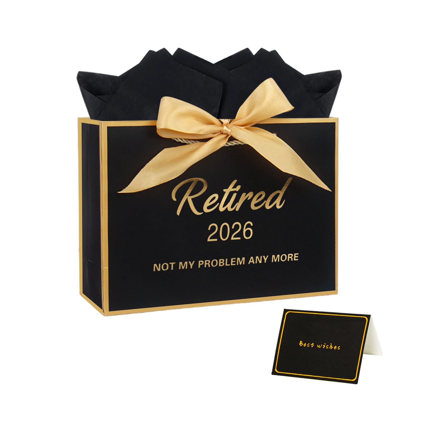 Nideen Retirement Gift Bag with Ribbon Tissue Paper & Card, 11” Black “Retired” Leaving Gift Bag for Colleagues Men Farewell Gift Wrap Bag