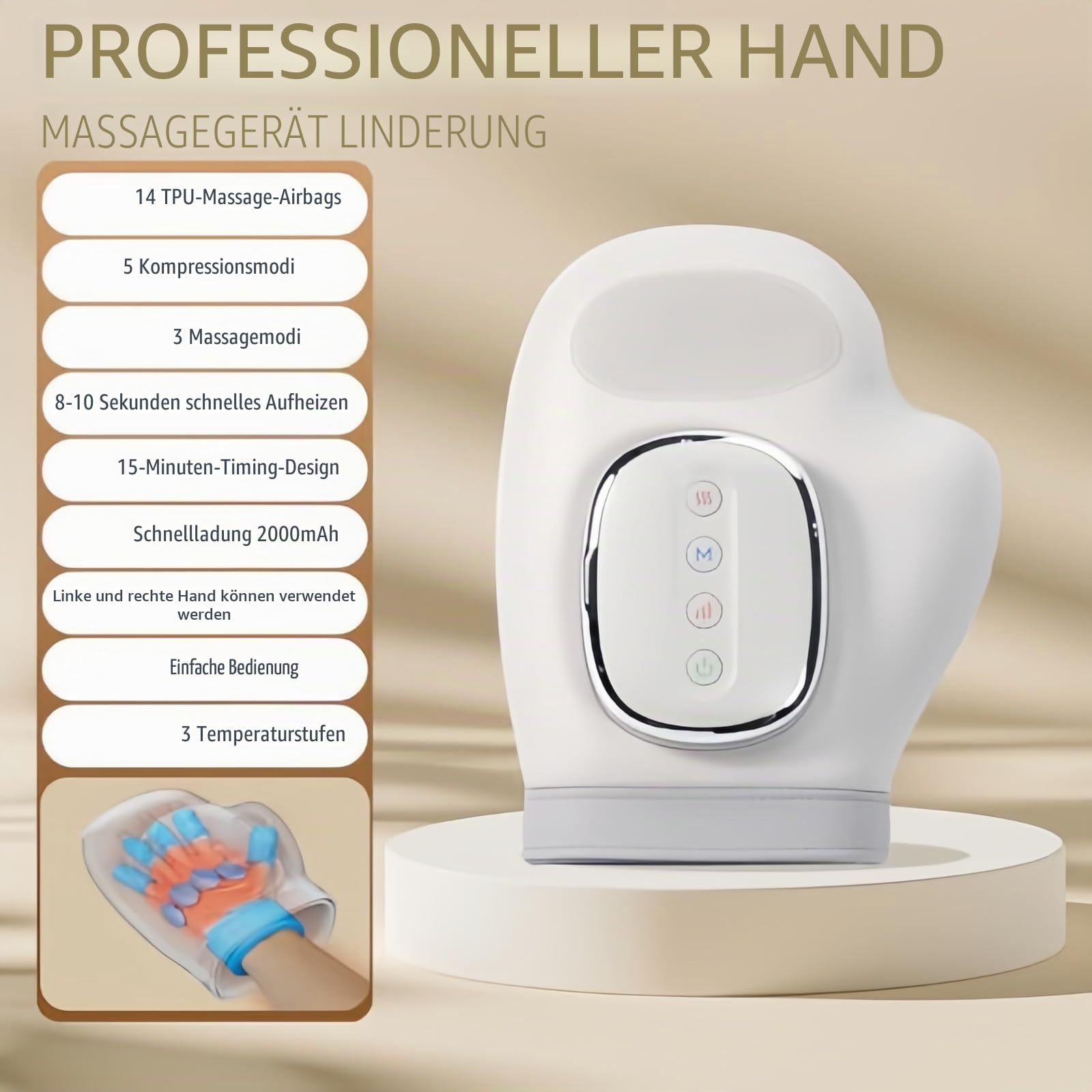 Handmassagegerät mit Wärme & Kompression—Entspannung auf Knopfdruck,Elektrisches Massagegerät Mit 5 Intensitäten Und 3 Modi,Automatische Timer Funktion Handgelenkmassage FüR Familie & Freunde (A)
