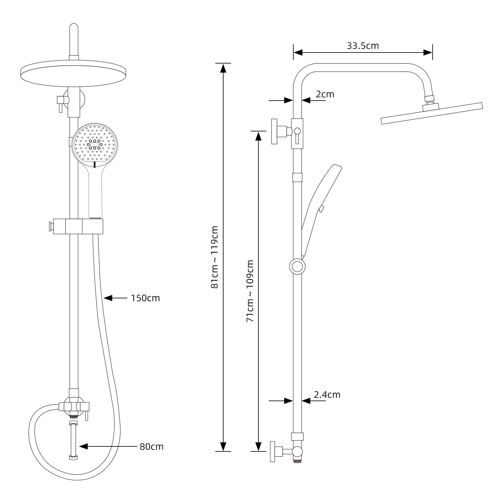 Hibbent Mélangeur de Douche Auto-Nettoyant, Système de Robinet de Douche Rond en Acier Inoxydable avec Tuyau, Pommeau de Douche et Douchette ABS,Noir | Pommeau de douche à 3 jets avec rail en acier inoxydable (304), réglable en hauteur, avec inverseur en