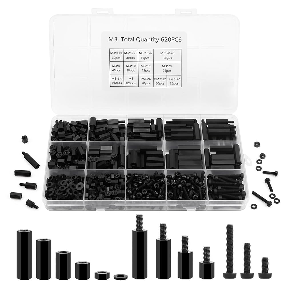 Jnchdghwa Black 620-Piece M3 Nylon Standoff Kit Threaded Spacers Screws Nuts Washers Motherboard & Pcb Mounting Standoffs Circuit Boards And Computer Building Product Features