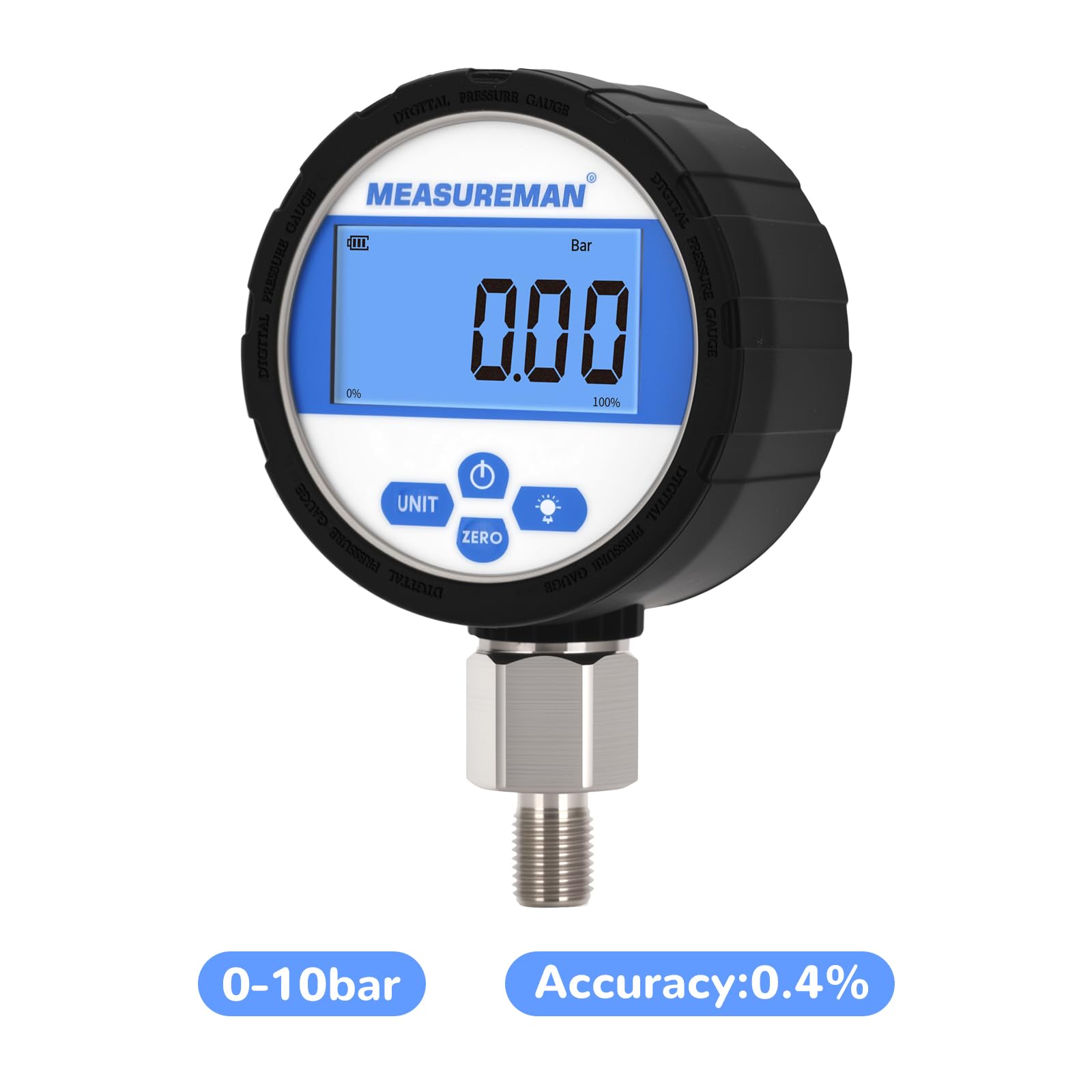 Manomètre industriel numérique, cadran 80 mm, raccord inférieur G1/4", boîtier et raccord en acier inoxydable, 0-10 bar, précision 0,4%, alimenté par batterie, avec éclairage LED.