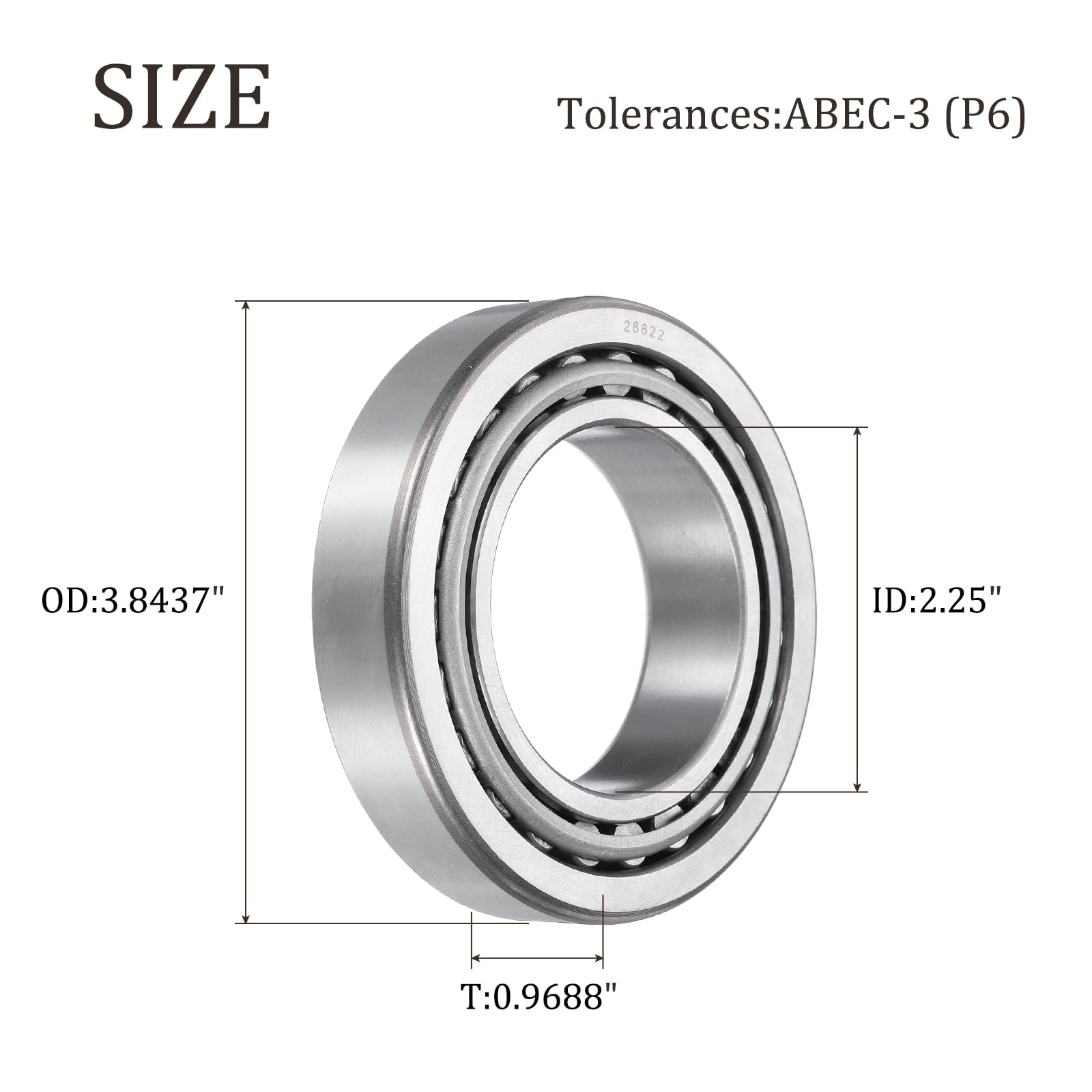 QUARKZMAN 28682/28622 Roulement à Rouleaux Coniques, Cône et Cuvette, 2.25" Alésage x 3.8437" OD x 0.9688" Épaisseur, Ensemble de Roulements Coniques en Acier Chromé, ABEC-3