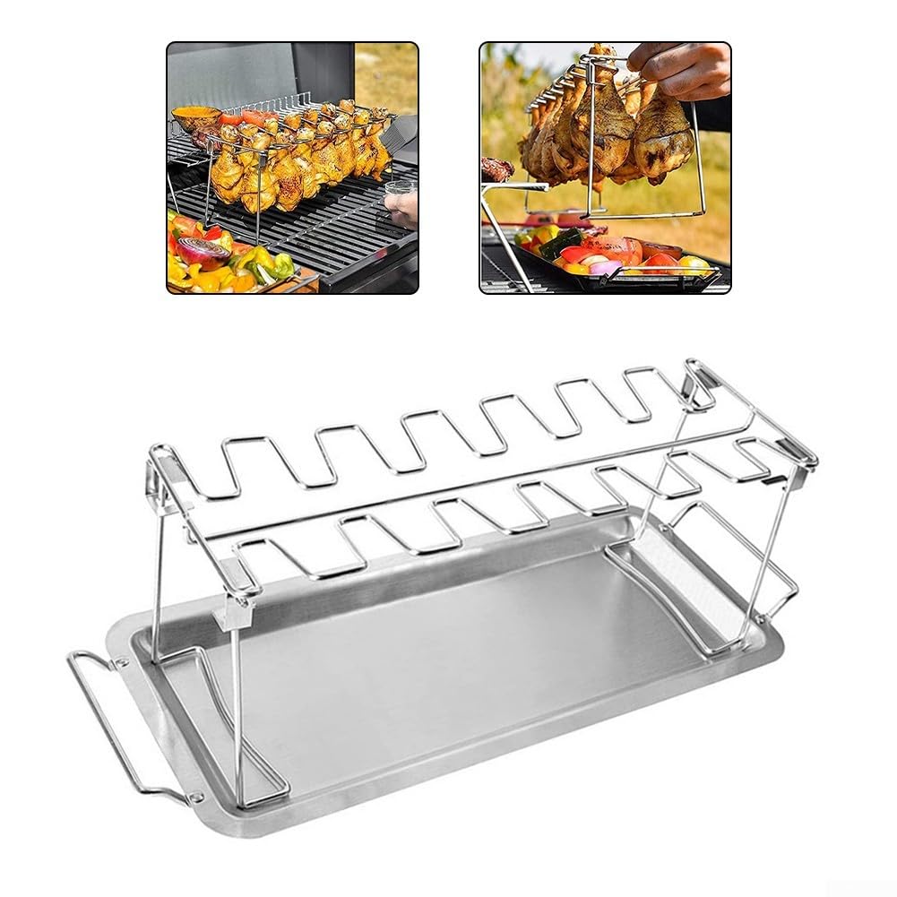 Rejilla de Acero Inoxidable para Pollo con Bandeja recogegrasa: fácil de Limpiar, barbacoas, Parrillas, asadores y ahumadores. Accesorio de Cocina versátil.