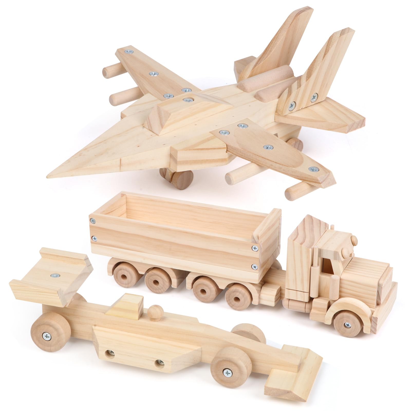 Jacootoys Juego de construcción de madera para niños, juego de construcción de madera para niños, kit de construcción de madera con pinturas y pinceles para niños y niñas, avión de combate, camión | STEM - Kit de pintura y pinceles para niños, juguete de