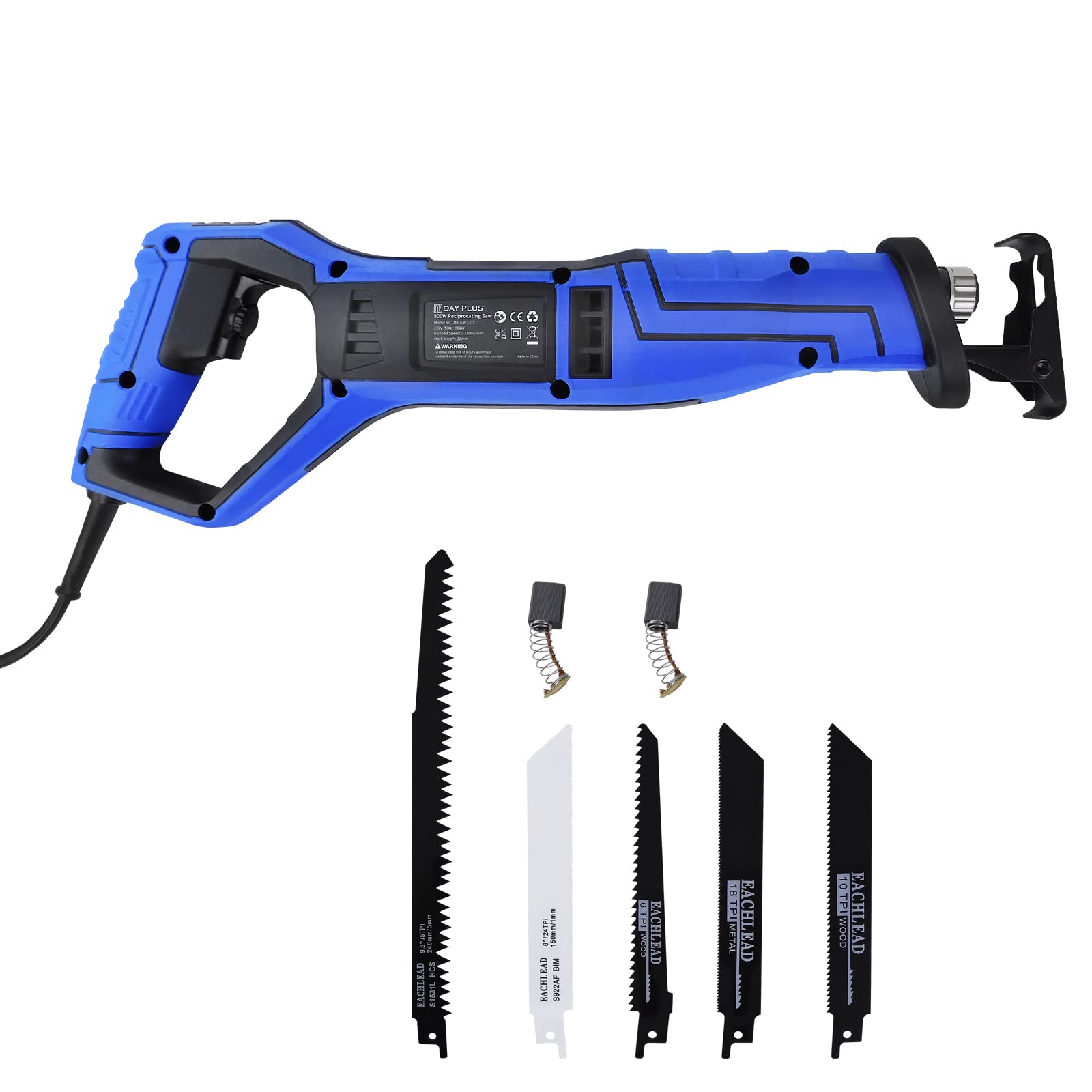 Sierra Sable de 900W con 5 Hojas de Sierra, Velocidad Variable de 0-2800SPM, Longitud de Carrera de 28mm, Sierra Eléctrica Manual para Corte de Metal/Madera/Tubo de/PVC/Árbol