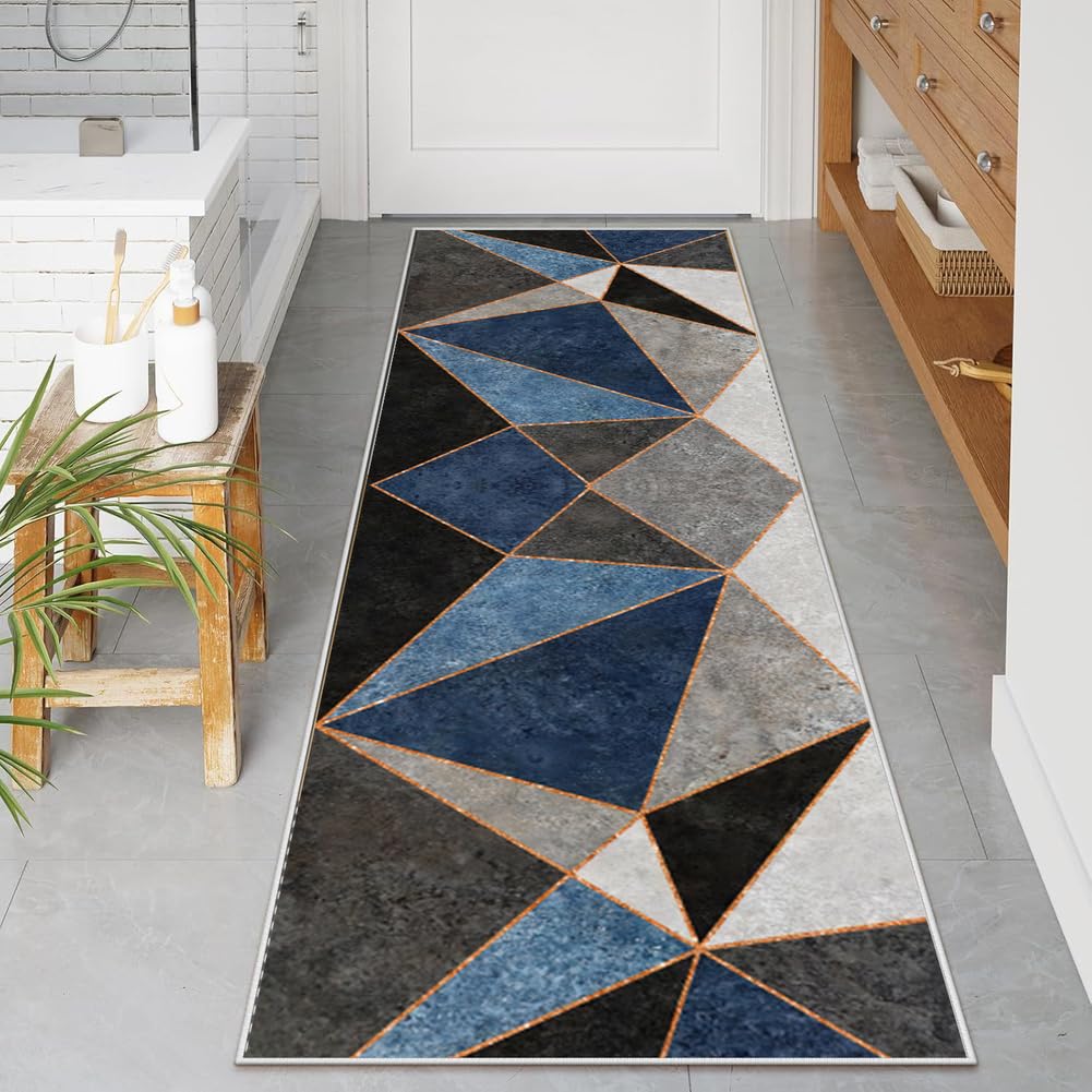 Tappeto Passatoia per Casa, Antiscivolo e Lavabile, per Cucina Corridoio Ingresso,Moderno Geometrico Blu, Nero，70 x 400 cm