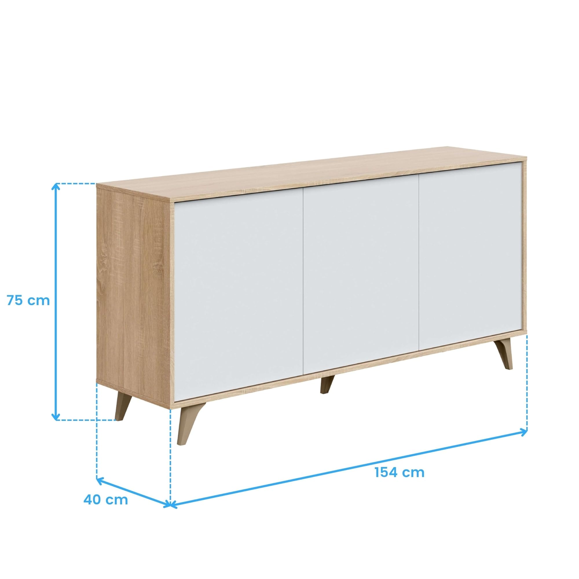 Habitdesign modèle Kikua Plus Buffet 3 portes pour salon, meuble d'appoint, finition blanche « Artik » et chêne canadien, dimensions : 154 x 75 x 40 cm (l x H x P).