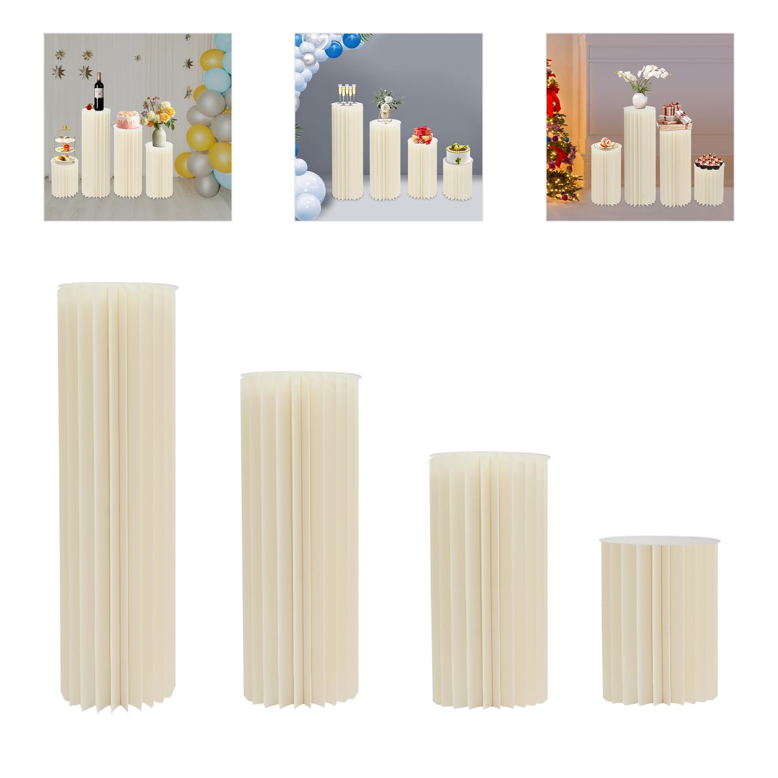 4er Set Blumenständer Faltbare Papier-Blumensäulen, Runde Karton Pflanzenständer Hintergrund Deko Hochzeitsvase mit Klare PVC-Platten, für Hochzeit Geburtstag Party, Weiß, 40/60/80/100cm