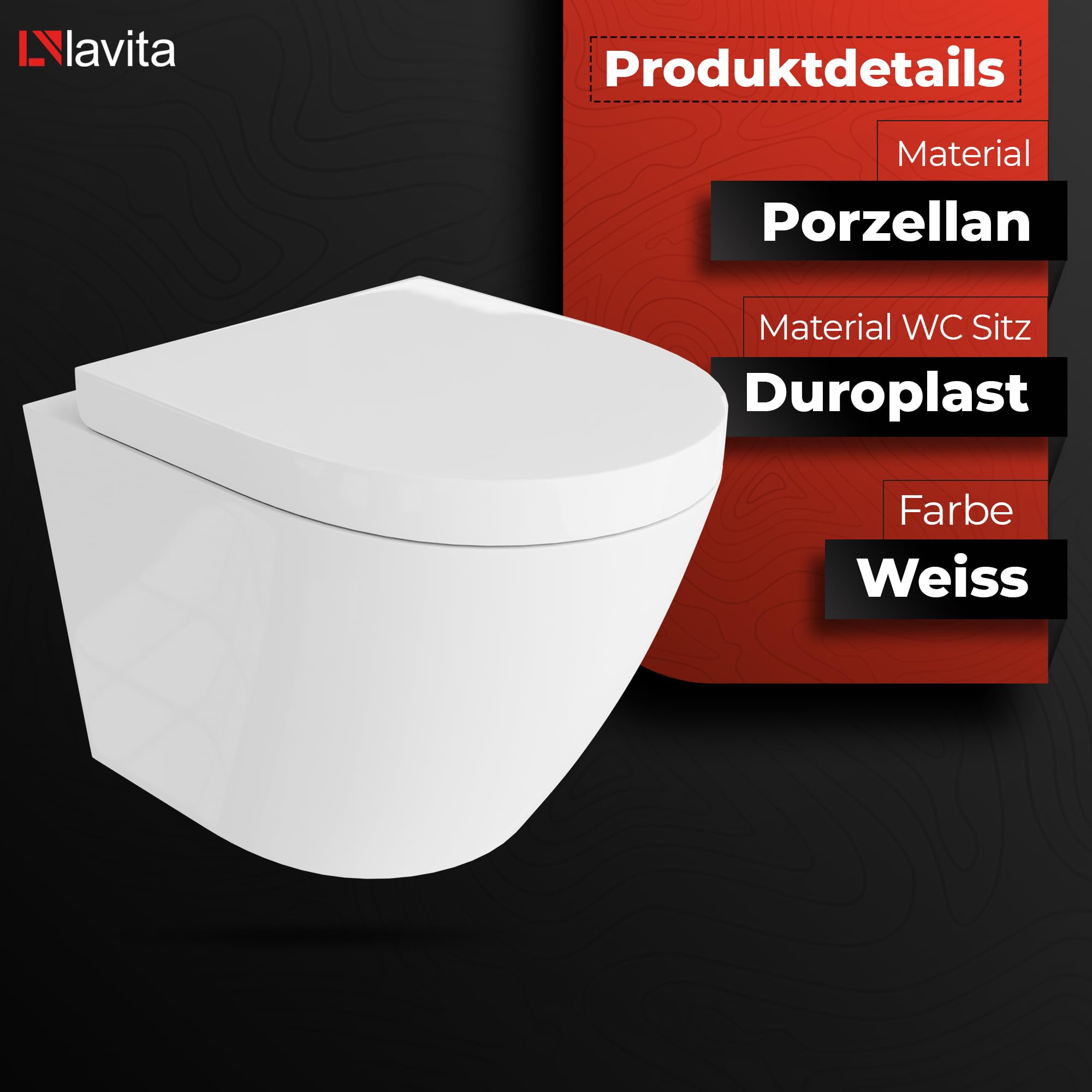 domino LAVITA SOGO WC da parete con abbassamento automatico e cerniere in metallo, senza bordi, da appendere, 365 x 490 x 395 mm, bianco lucido