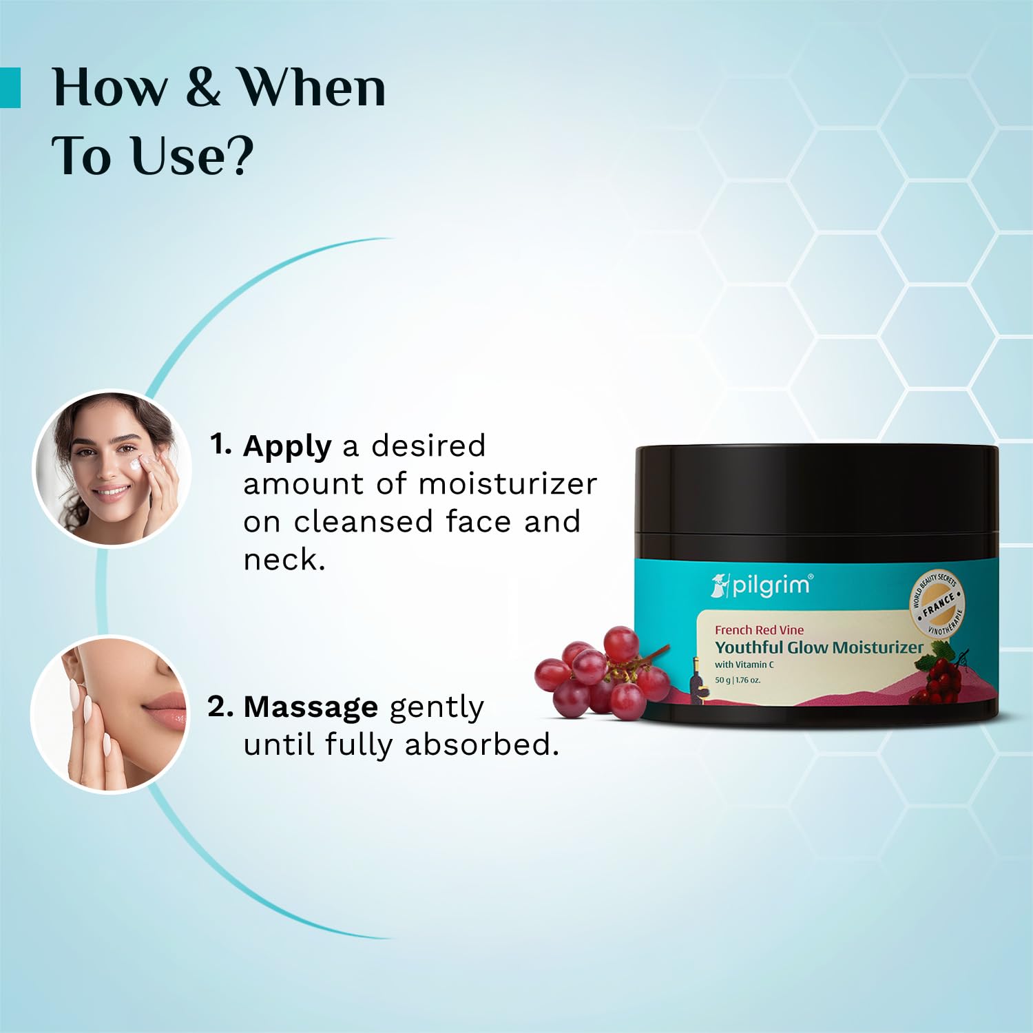 PILGRIM French Red Vine Youthful Glow Moisturizer SPF 30 with Vitamin C, Rosehip Oil For Anti Ageing, Sun Protection PA+++, Daily Use, Dry, Oily, Combination Skin, Men & Women, 50g 4