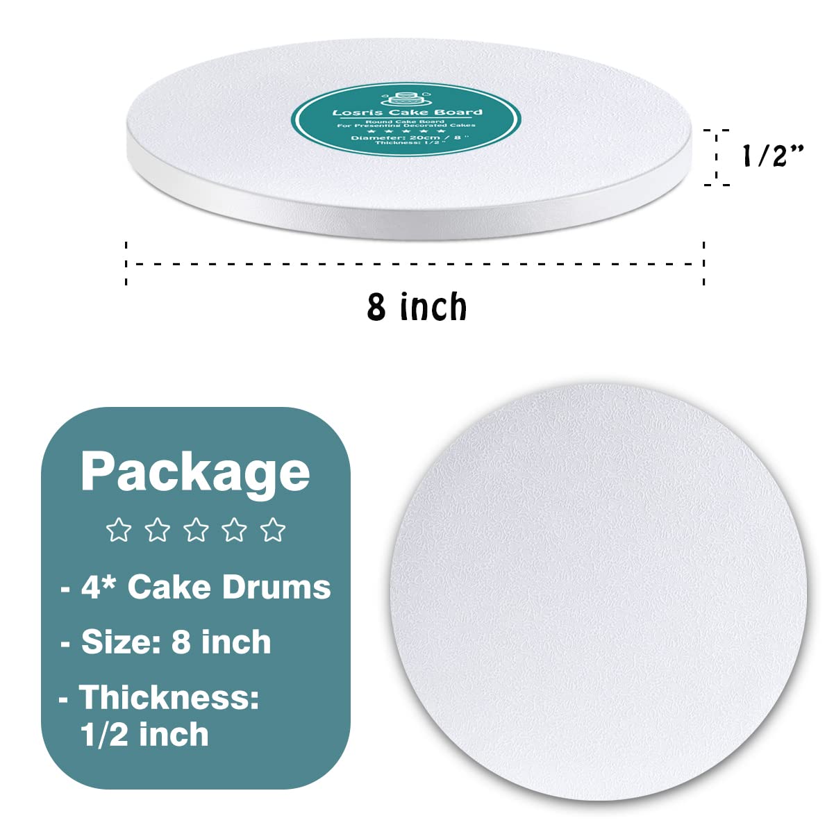LARRYROO Tall White Cake Box Extra Deep & Silver Round Cake Drum Board Combo For High Celebration, Wedding, Birthday Cakes (12
