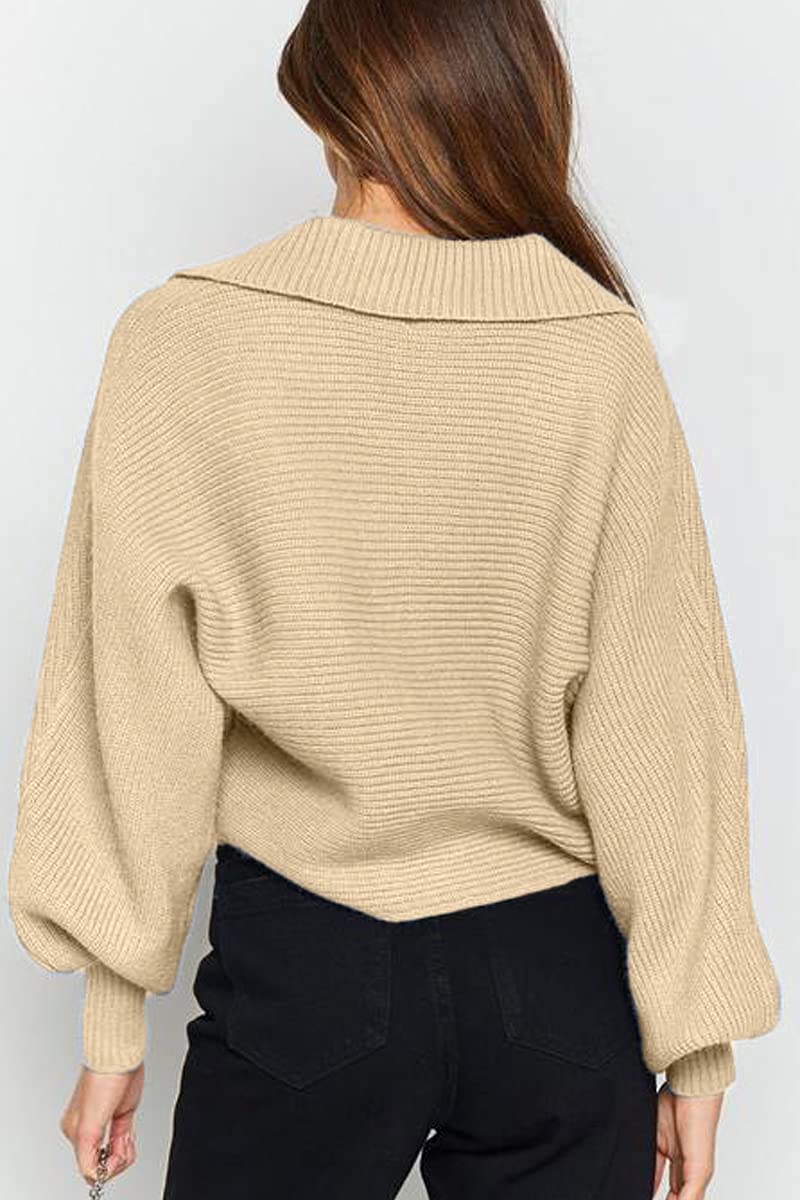 CHYRII Women Overized Puff Long Sleeve V Neck Knitted Polo Pullover Sweater Jumper Tops