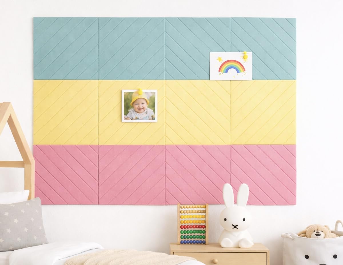 Decorative Felt Wall Tiles Bulletin Board - Large 47" x 35" Modern Pin Board Wall System for Home, Nursery, Dorm & Classroom - 12 Pack Cork Board Alternative with Push Pins & Adhesive Tabs (Sherbet)