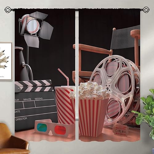 Miniatura 17 de Cortinas opacas de cine para niñas y niños, decoración del hogar, cámara retro, cinematografía, película de cine con bolsillo para barra, cortinas