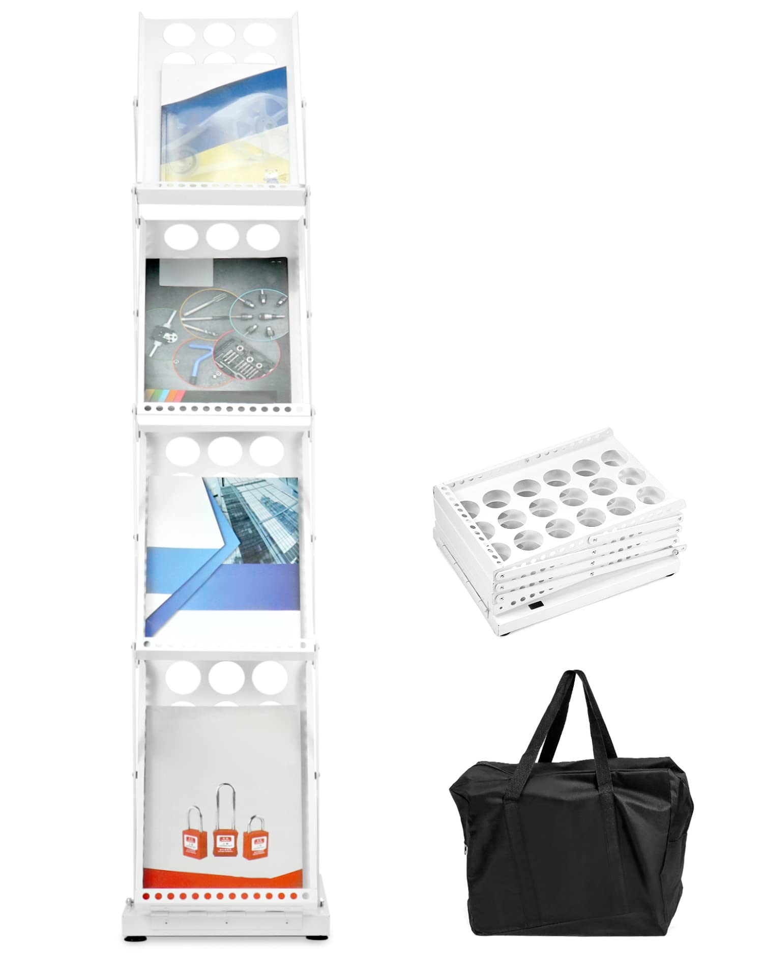 QWORK Faltbarer Prospektständer, Zeitschriftenständer für Broschüren, 4 Taschen, Literaturkatalog, Messeständer, für Bürogeschäft und Ausstellung (weiß)
