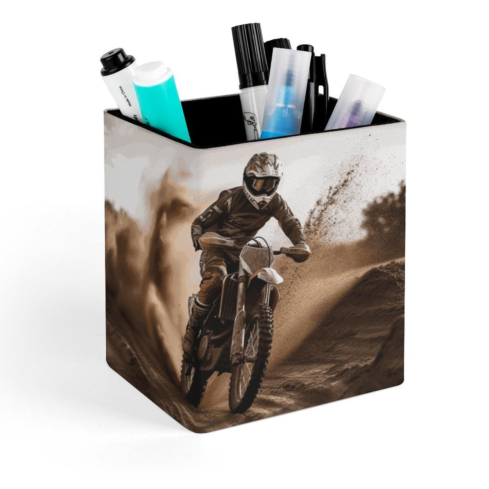 DWVTSLH Aesthetic Pen Holder for Desk - Modern Leather Pencil Holder - Stylish Square Makeup Brush Holder - Motocross Pen Cup Cute And Functional Desk Organizer for Office Supplies