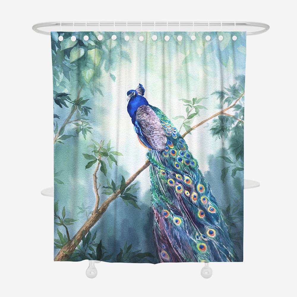Oduo Green Tree 3D Shower Curtains Bathroom Shower Curtains Mould Proof Resistant Waterproof Washable Shower Curtain Liner With 12 Hooks -Peacock Print Bath Curtain (,150X180cm)