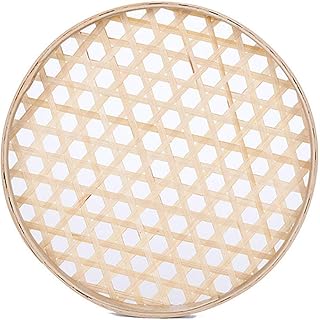 100% Handwoven Flat Wicker Round Fruit Basket Woven Food Storage Weaved Shallow Tray Organizer Holder Bowl Decorative Rack Display Kids DIY Drawing Board (Hexagon Hollow-Bamboo-White, 18cm/7