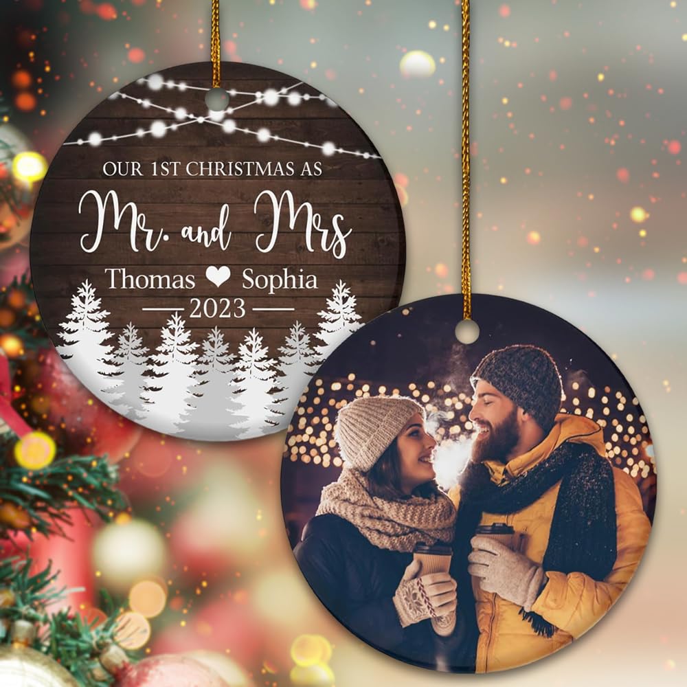 TM TEEMAN Personalized Our 1st Christmas As Mr and Mrs Ornament 2024, Christmas Ornaments with Mountains for First Christmas Married, Just Married