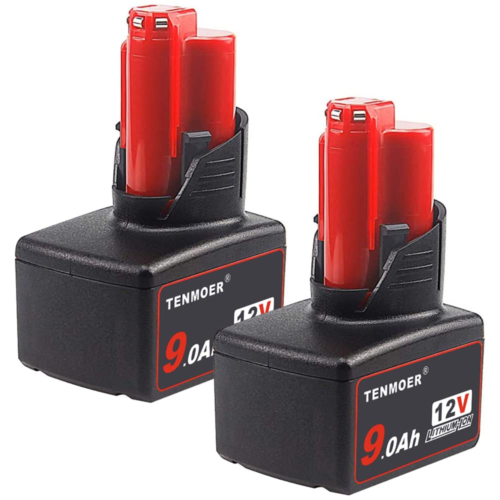2 Pack TENMOER M12 9Ah Lithium-ion Battery Compatible with Milwaukee M12 12V Cordless Tools 48-11-24