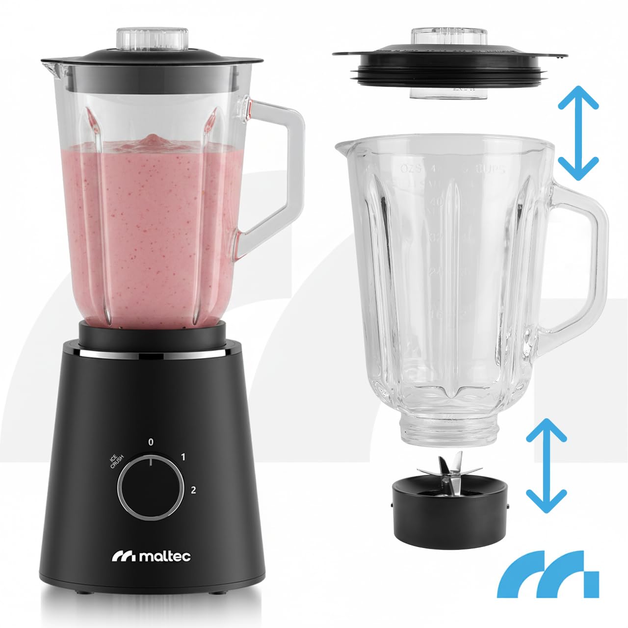 MalTec Standmixer Glas 1,5 L mit 500 ml To-Go-Flasche, 1000 W Motor, 6 Edelstahlklingen, 2 Geschwindigkeiten und Pulsfunktion, rutschfeste Füße, BPA-frei, für Smoothies, Suppen, Proteinshakes