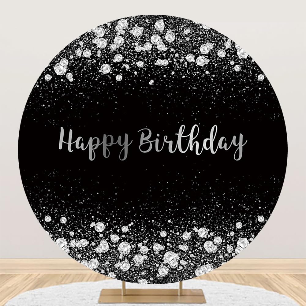 Renaiss 7.2x7.2ft Happy Birthday Round Backdrop Covers Black and Silver Birthday Circle Photography Background Glittering Diamonds Man Woman Girls Birthday Party Decors Arch Photo Booth Props