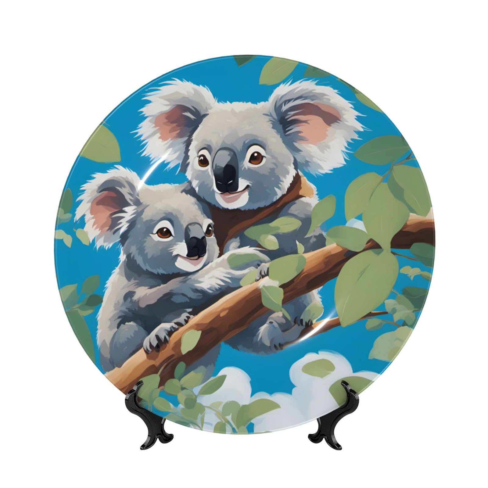 SXZVVBN Two cute koalas Bone China Decorative Plate Art with Stand Removable Adhesive Hanging for Home Office 7in