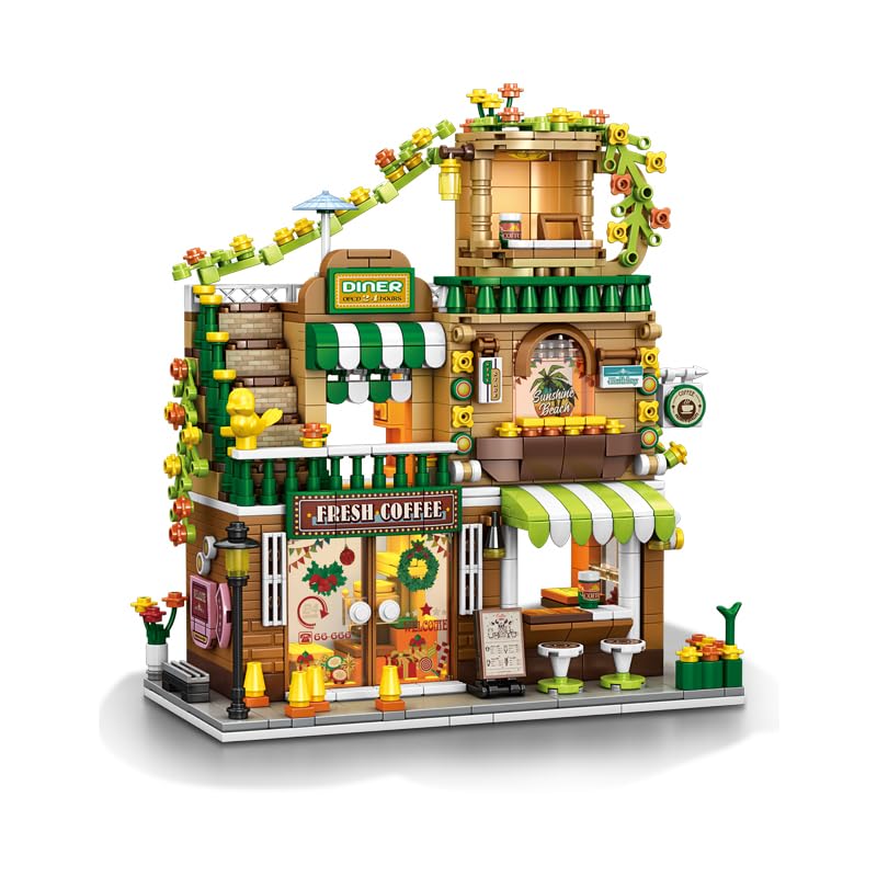 Image of SKY LINE OCEAN Cityscape Coffee Shop Building Blocks Set - 828+ Pieces Urban House Store Model, Creative DIY Construction Toy for Boys & Girls, Christmas Birthday Gift | 5 Year Structural Warranty