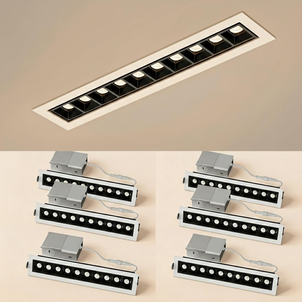 6-Pack Linear Recessed Spotlight, 10W Aluminum Recessed Grille Spotlight with Junction Box, Dimable Downlight 5 CCT 3000K-6500K, TRIAC Dimming Lighting for Living Room Kitchen Hallway