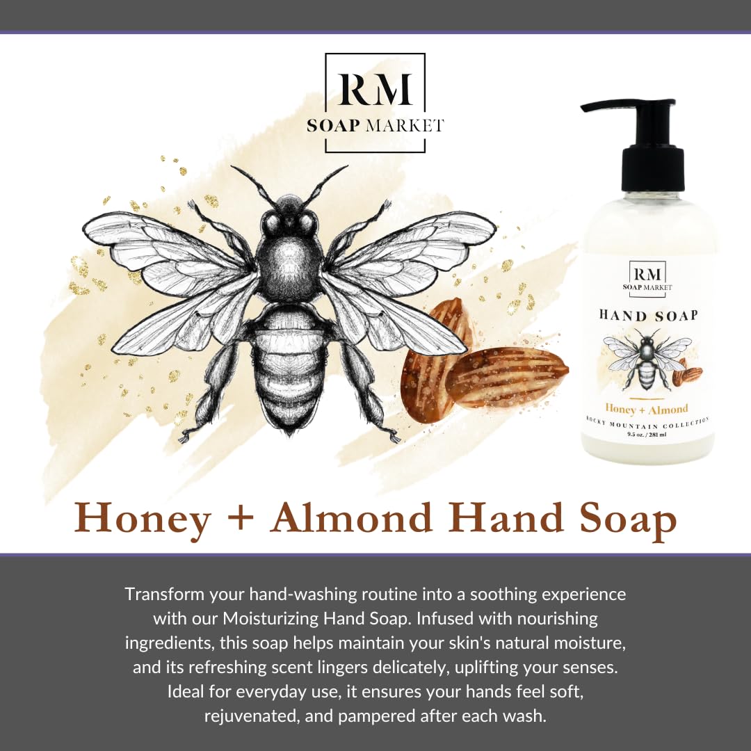 RM Soap Market Honey Almond Hand Soap, Liquid Hand Soap for Kitchen or Bathroom, Rich & Creamy Moisturizing Hand Soap, Hydrating, Natural Formula With Warm Almond Blend & Honeyed Vanilla Scent, 9.5 Oz