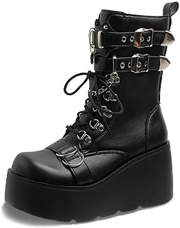 ZKXYFFS Platform Ankle Boots for Women Chunky High Heel Booties Goth Round Toe Combat Wedges Boots Buckle Studded Motorcycle Booties