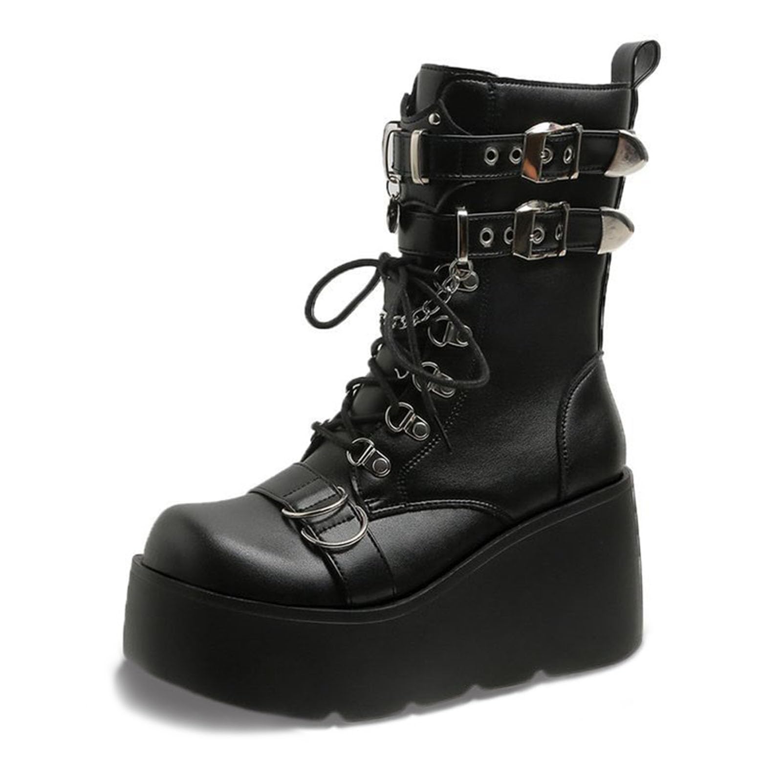 ZKXYFFS Platform Ankle Boots for Women Chunky High Heel Booties Goth Round Toe Combat Wedges Boots Buckle Studded Motorcycle Booties