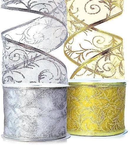 Sheer Ribbon Gift Wrap Set - Wedding Ribbons 50 Yard Gift Wrapping Ribbons Wired 2.5 inch Gold & Silver Organza 2 Pack Rolls 25 Yd Kit for Craft, Weddings Decoration, Anniversary Presents, Florist