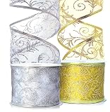 Sheer Ribbon Gift Wrap Set - Wedding Ribbons 50 Yard Gift Wrapping Ribbons Wired 2.5 inch Gold & Sil