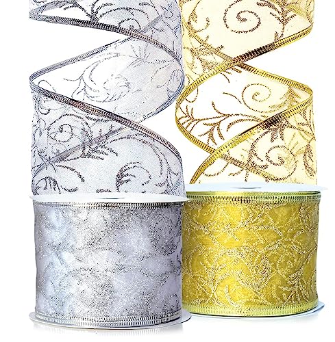 Sheer Ribbon Gift Wrap Set - Wedding Ribbons 50 Yard Gift Wrapping Ribbons Wired 2.5 Inch Gold & Silver Organza 2 Pack Rolls 25 Yd Kit For Craft, Weddings Decoration, Anniversary Presents, Florist #TOP3