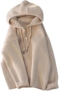 Women Hooded Knitted Cardigan Fall Winter Loose Fit Zipper Sweater Coat Solid Color Thick Warm Tops