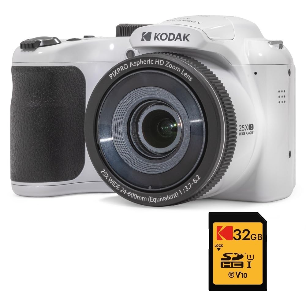 KODAK Pixpro Astro Zoom AZ255 + Scheda di memoria SD da 32 GB - Fotocamera Bridge Digitale 16 MP, Zoom 25X, Video HD 1080p, grandangolare 24 mm, schermo LCD 3, batteria AA - Bianco