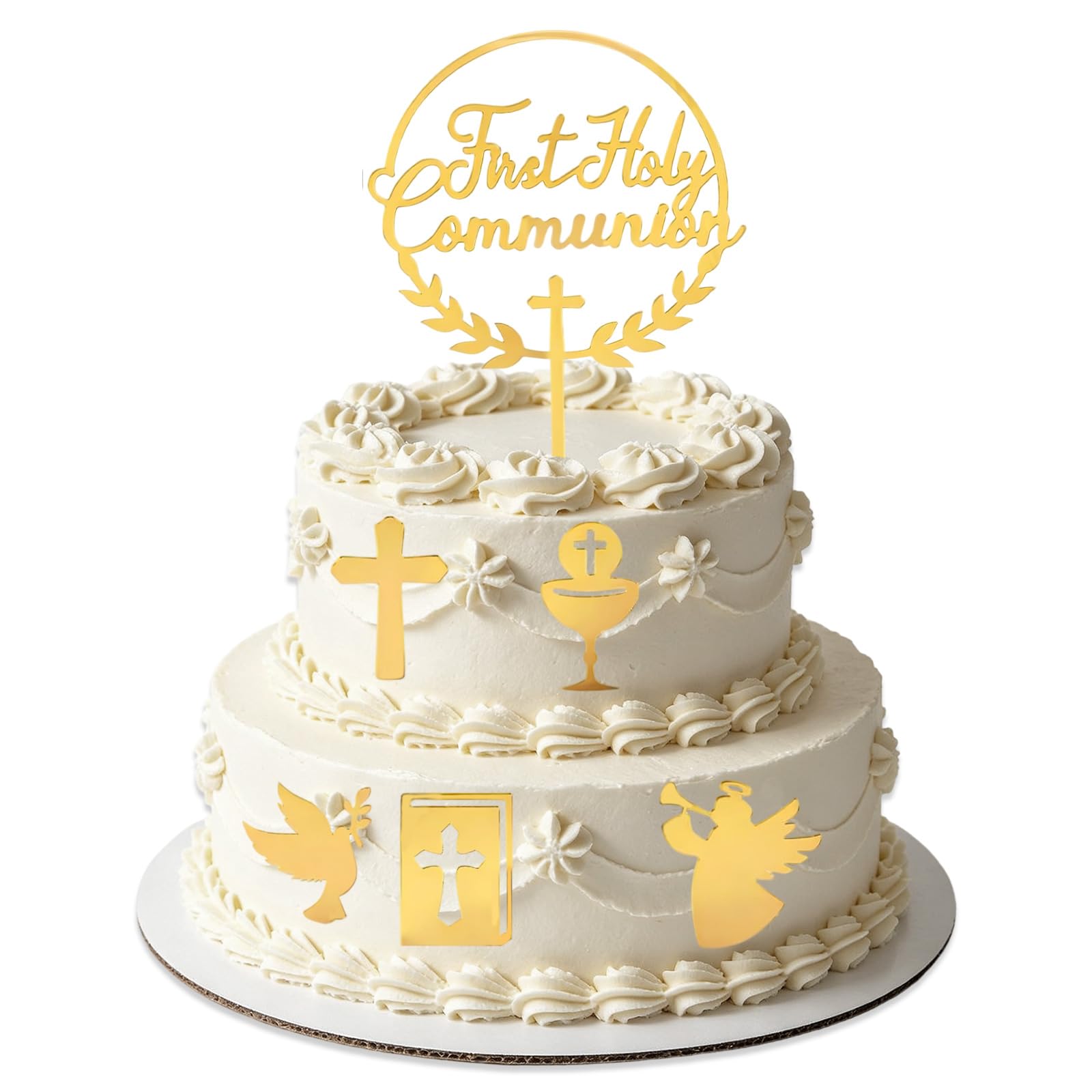 6 pcs First Holy Communion Cake Toppers, Cross Gold Acrylic Cake Toppers, Bible Fish Dove Grail Cake Decoration for Communion Christening Baptism Baby Shower Birthday Wedding Party Decor Gold