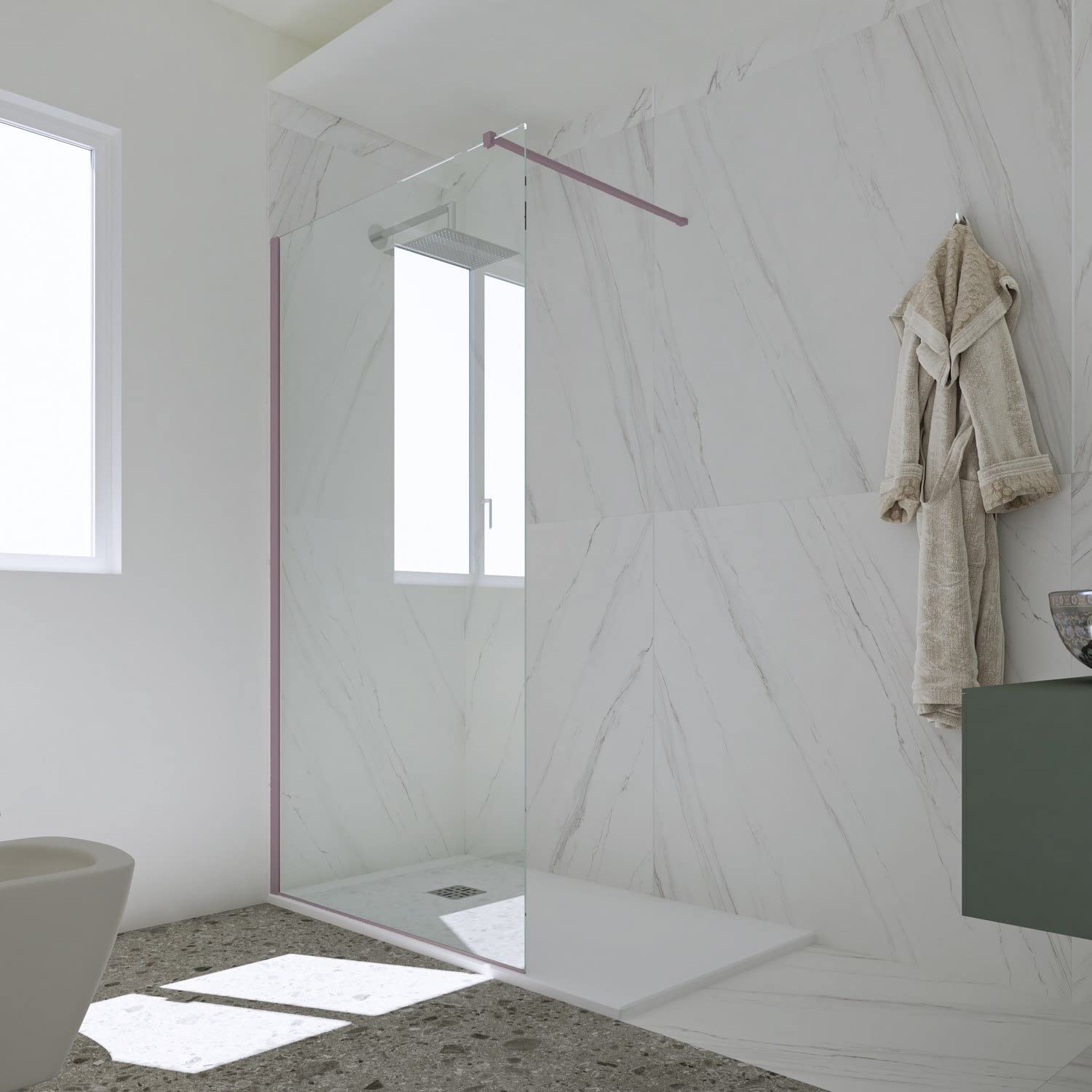 Forte Mur douche Walk-in de 90 cm H 200 Verre transparent Profil Lavande en PVC MOD. Kolors